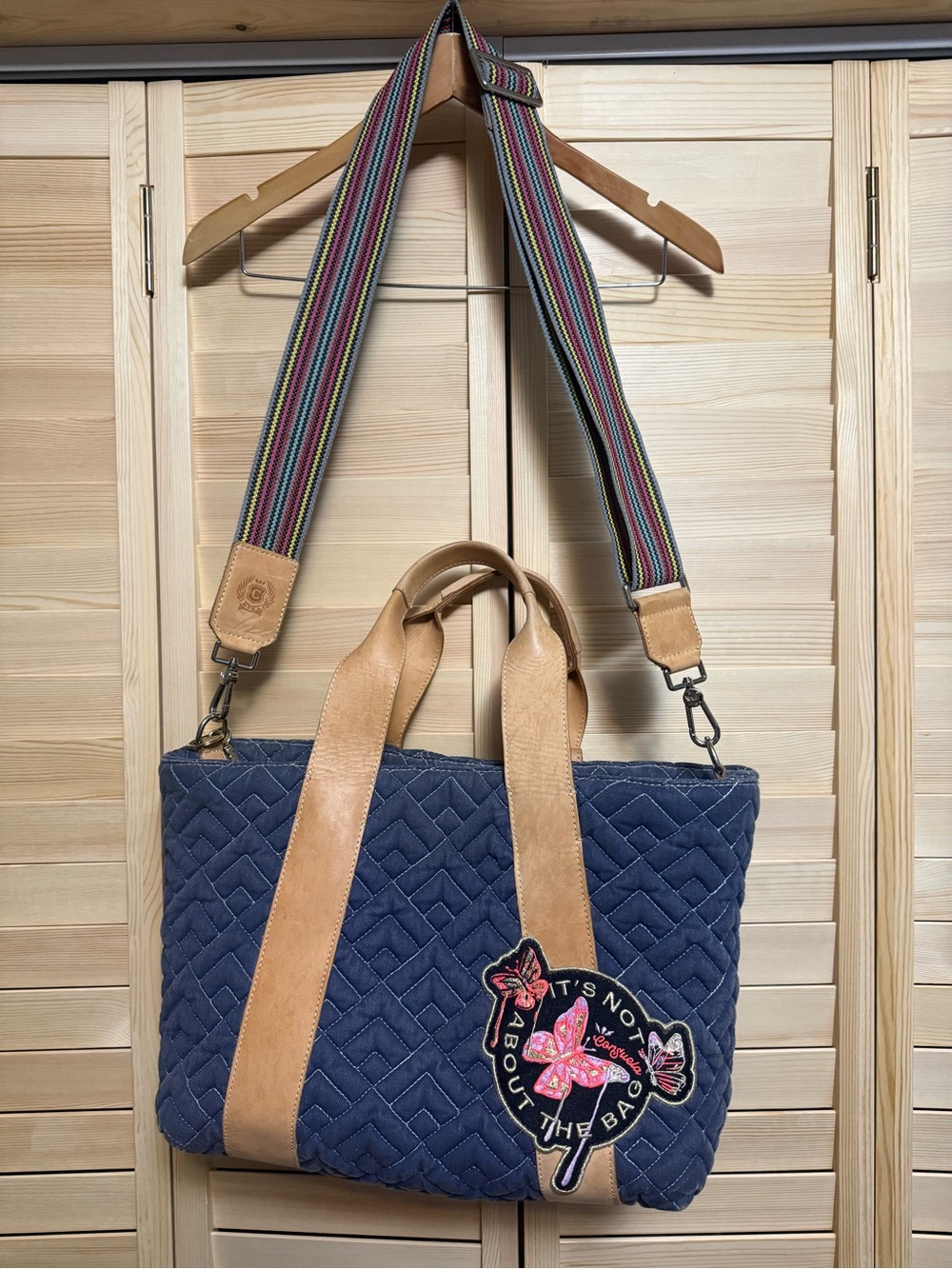 Consuela Navy Quilted Tote with Tan Trim and Multicolor Strap